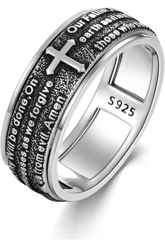 Cross Spinner Ring with Bible Size 9/10/11/12 Sterling Silver Cross Band Rings for Men Dad Son