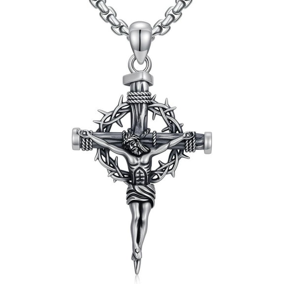AOBOCO Crucifix Cross Necklace 925 Sterling Silver Christian Jesus Nail Cross Pendant Necklaces Protection Amulet Catholic Jewelry for Men Women, w/Stainless Steel Chain 22'' +2''
