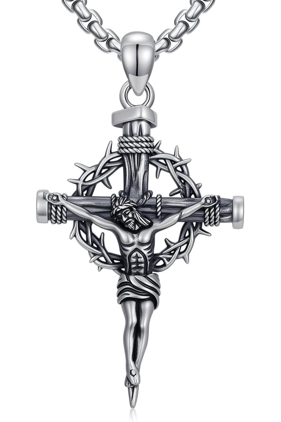 Crucifix Cross Necklace 925 Sterling Silver Christian Jesus Nail Cross Pendant Necklaces Protection Amulet Catholic Jewelry for Men Women, w/Stainless Steel Chain 22'' +2''