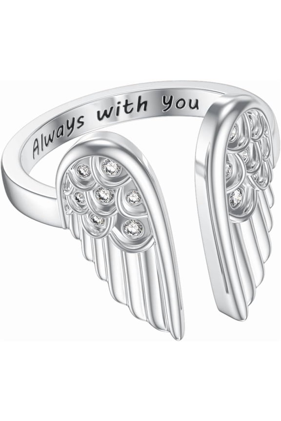 Diamond Angel Wing Ring for Women 925 Sterling Silver Always With You Angel Wing Open Rings with Lab Grown Diamond Jewelry Gifts for Her Adjustable 0.15 cttw D Color VVS Clarity