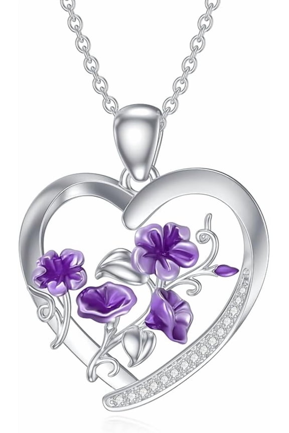 Diamond Birth Flower Necklace for Women 925 Sterling Silver Birth Month Flower in Heart Pendant with Lab Grown Diamond Jewelry Gifts for Her