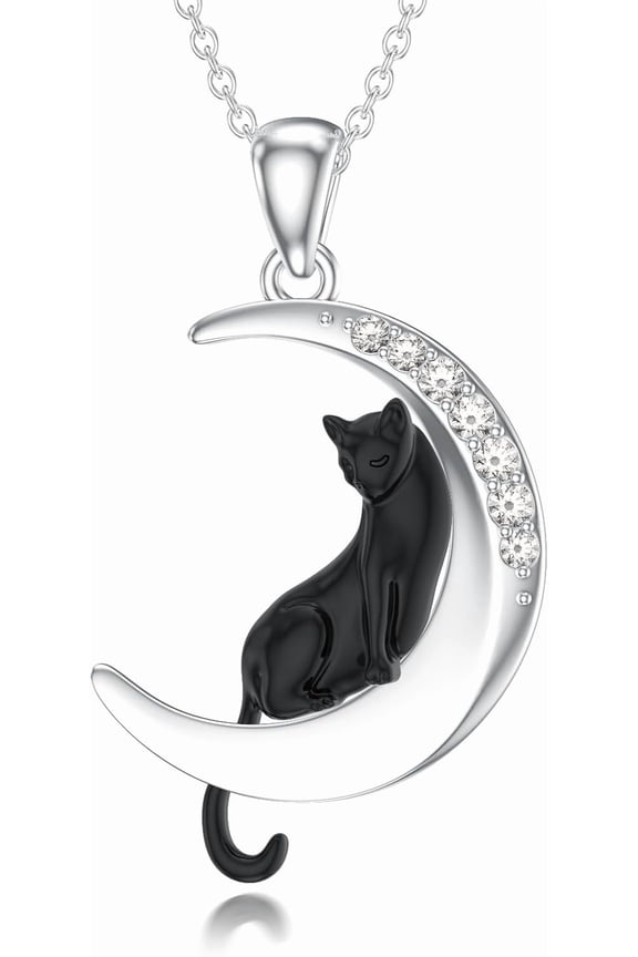 Diamond Black Cat Necklace for Women 925 Sterling Silver Cat and Moon Pendant with Lab Grown Diamonds Jewelry Gifts