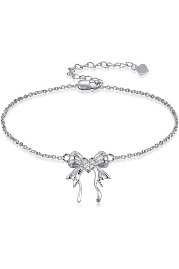 Diamond Bow Bracelets for Women 925 Sterling Silver Bow Bracelet with Adjustable Chain Fashion Jewelry Gift for Her
