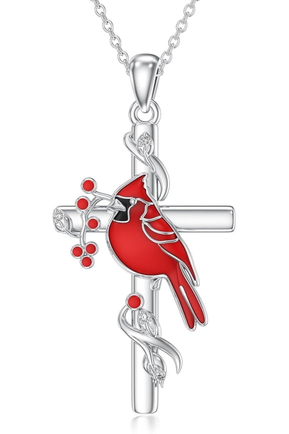 Diamond Cardinal Cross Necklace for Women 925 Sterling Silver Cardinal Pendant Necklaces with Lab Grown Diamond Memorial Jewelry Gifts