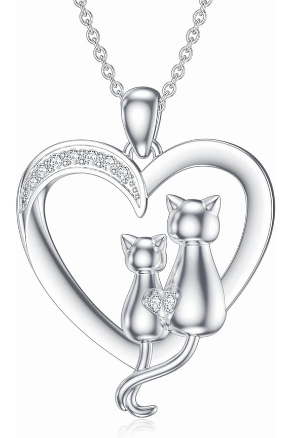 Diamond Cat Necklace for Women 925 Sterling Silver Heart Necklace Cute Cat Necklace Animal Diamond Jewelry Gifts for women Wife Girlfriend (0.065 ct t.w)
