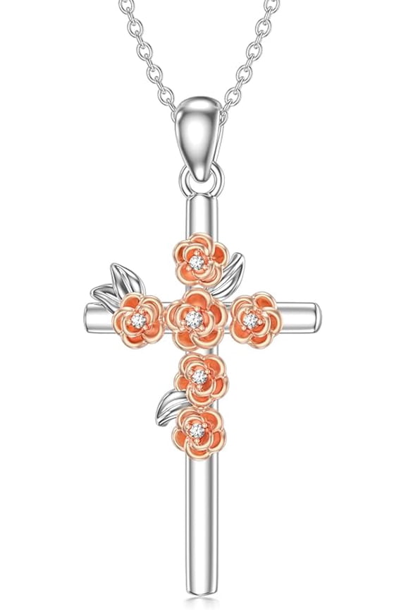 Diamond Cross Necklace for Women in Sterling Silver Rose Cross Pendant Gift for Mother's Day Anniversary Birthday Jewelry Gifts for Her