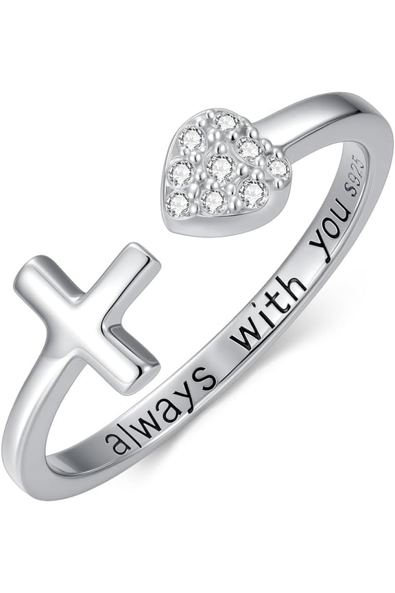 Diamond Cross Rings for Women 925 Sterling Silver Adjustable Cross Dainty Heart Rings with Lab Grown Diamond Christian Gifts for Meaningful Christmas, or Birthday Jewelry
