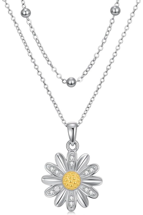 Diamond Daisy Layered Necklace S925 Sterling Silver Daisy Flower Pendant Necklaces with Lab Grown Diamond Jewelry Gifts for Women