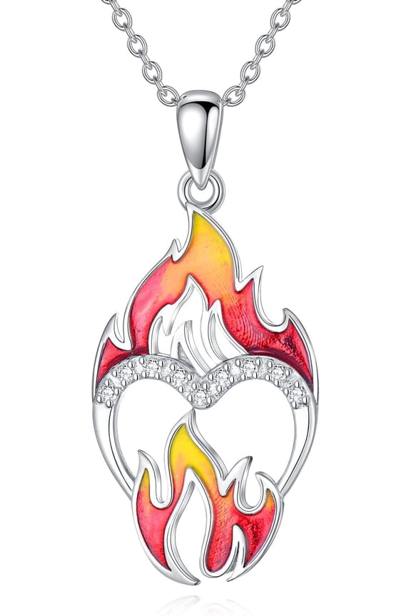 Diamond Fire Flame Necklace for Women 925 Sterling Silver Red Fire Pendant Jewelry Gifts for Mom Wife Girlfriend