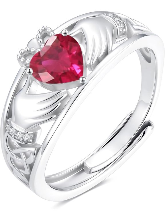 Diamond and Gemstone Claddagh Ring for Women 925 Sterling Silver Celtic Knot Heart Birthstone Rings Irish Engagement Wedding Promise Band, Adjustable Size 7