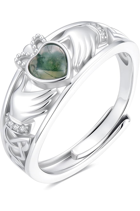 Diamond and Gemstone Claddagh Ring for Women 925 Sterling Silver Celtic Knot Heart Birthstone Rings Irish Engagement Wedding Promise Band, Adjustable Size 7
