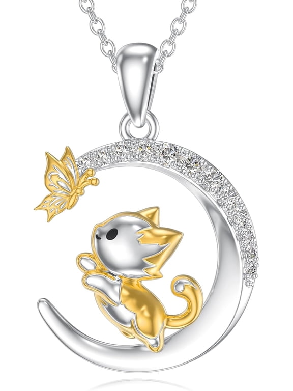 Diamond Moon and Cat Pendant Necklace for Women 925 Sterling Silver Cat Catching Butterfly Lab Grown Diamonds Jewelry Gifts 0.17 Cttw D Color VVS Clarity