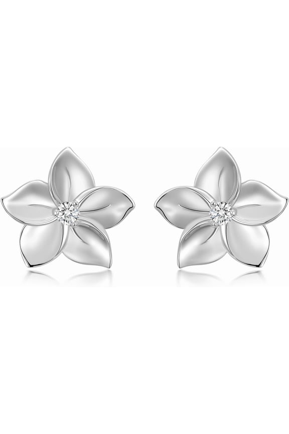 Diamond Plumeria Stud Earrings for Women 925 Sterling Silver Hawaiian Plumeria Flower Earrings Studs with 0.06ct Lab Grown Diamonds Dainty Birthday Holiday Beach Jewelry Gifts