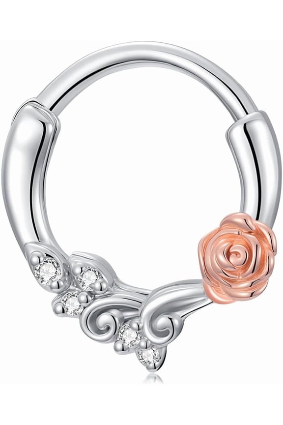 Diamond Rose Nose Rings for Women 925 Sterling Silver Flower Nose Rings Hoops Silver Septum Rings Clicker Daith Hinged Piercing Jewelry Gifts for Birthday