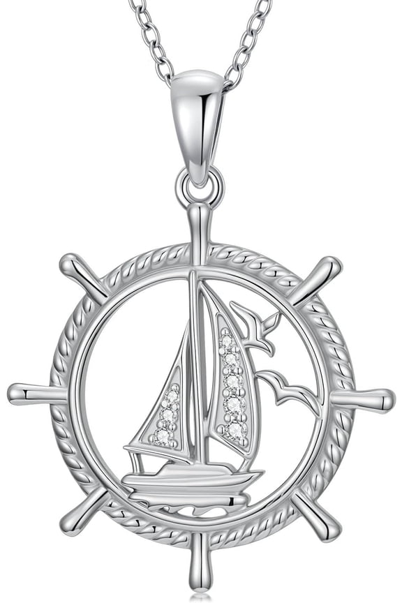 Diamond Sailboat Necklaces for Women 925 Sterling Silver Voyage Pendant with Lab Grown Diamond Ocean Vacation Ship Sailboat Jewelry for Sea Lover