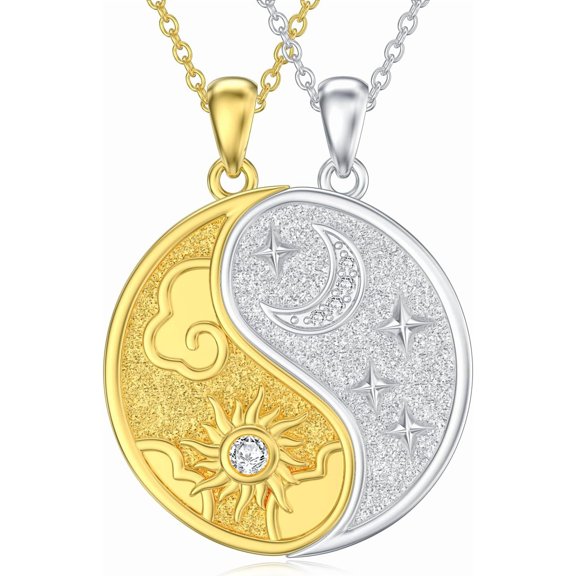 AOBOCO Diamond Sun and Moon Yin Yang Necklace for Couple Best Friend 925 Sterling Silver Yin Yang Matching Necklace with Lab Grown Diamond Jewelry Gifts Couple Friendship BFF Necklace for 2