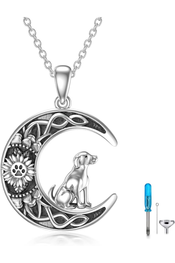 Dog Memorial Ashes Necklace for Women and Men, 925 Sterling Silver Crescent Sunflower Cremation Pendant Pet Keepsake