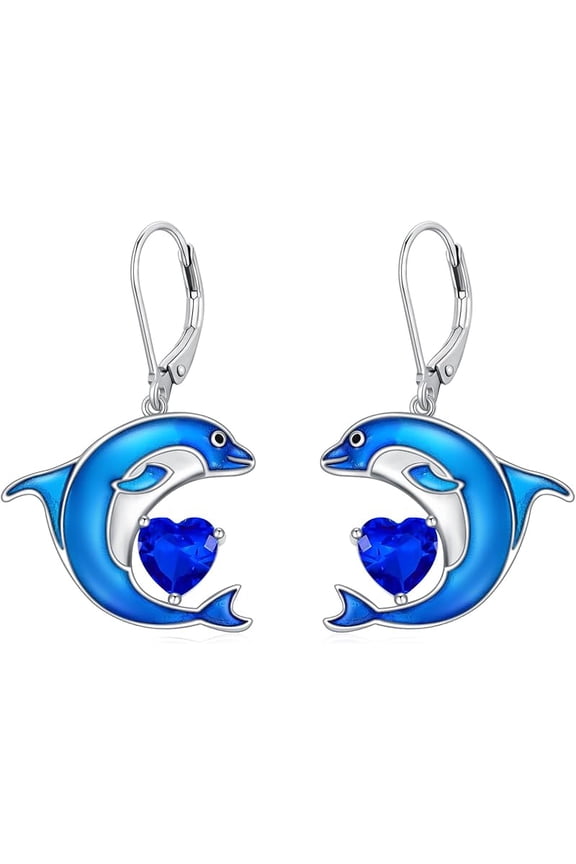 Dolphin Earrings for Women 925 Sterling Silver Blue Dolphin with Birthstone Drop Dangle Earrings