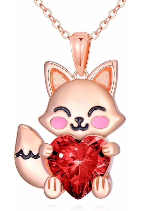 Fox Necklace 925 Sterling Silver Cute Fox Holding Heart Shaped Birthstone Pendant Necklace for Women