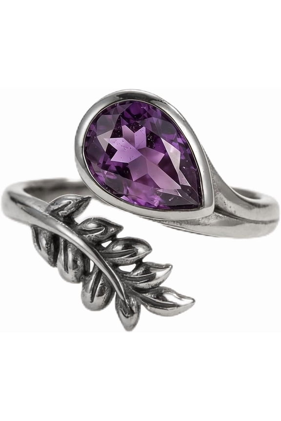 Genuine Amethyst Spoon Rings for Women 925 Sterling Silver Real Amethyst Open Adjustment Ring Flower Leaf Vintage Jewelry for Her Wife Mom