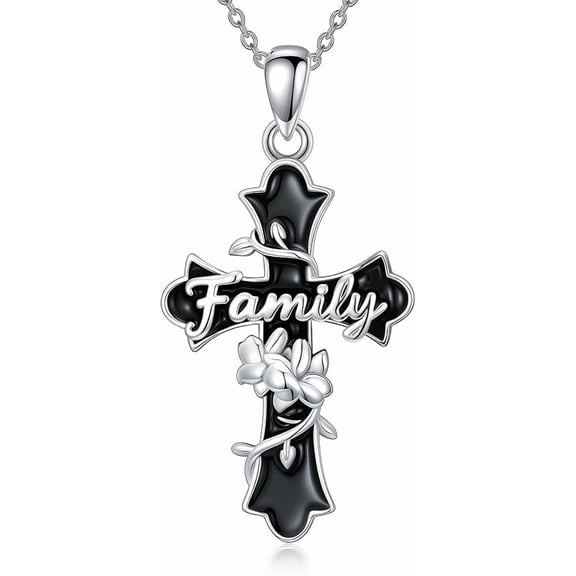 AOBOCO Gift for Mother Daughter Mom Grandma Sister Black Cross Pendant Necklace 925 Sterling Silver Faith Christian Religious Jewelry for Family
