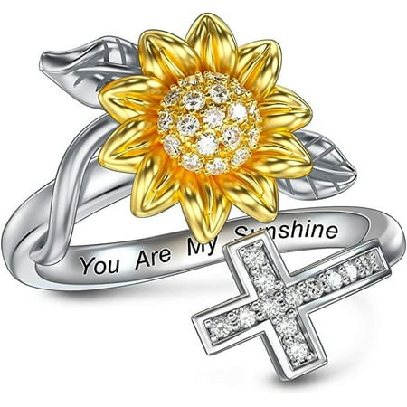 AOBOCO Gifts for Women Sunflower Open Ring You Are My Sunshine Lettering Ring with Cubic Zirconia for Women Mom Mama Nana