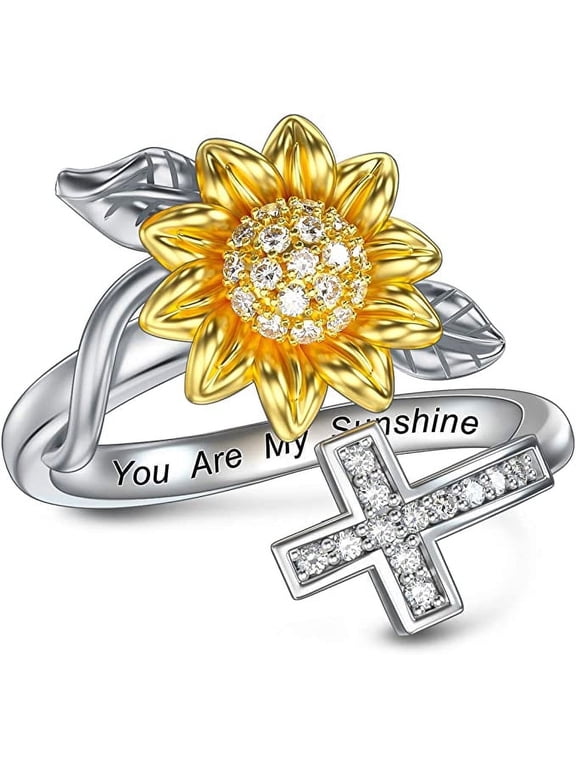 Gifts for Women Sunflower Open Ring You Are My Sunshine Lettering Ring with Cubic Zirconia for Women Mom Mama Nana