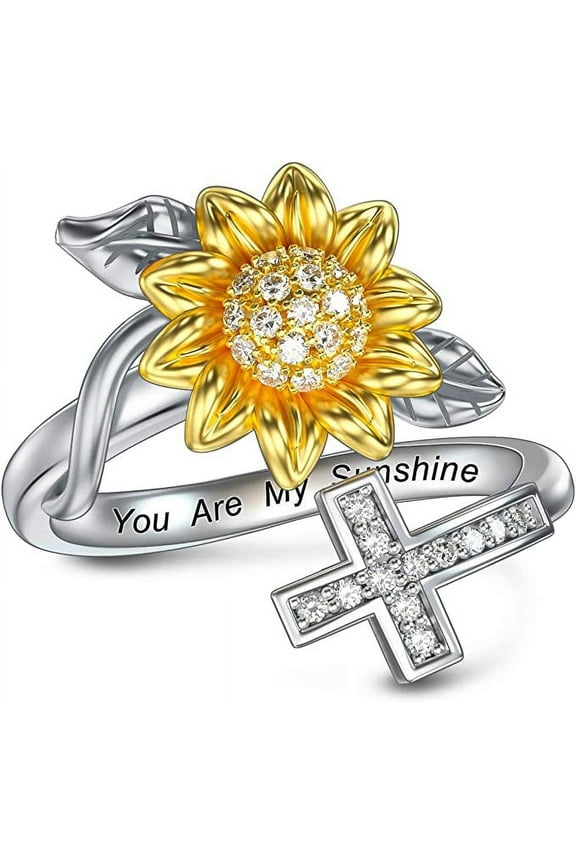 Gifts for Women Sunflower Open Ring You Are My Sunshine Lettering Ring with Cubic Zirconia for Women Mom Mama Nana