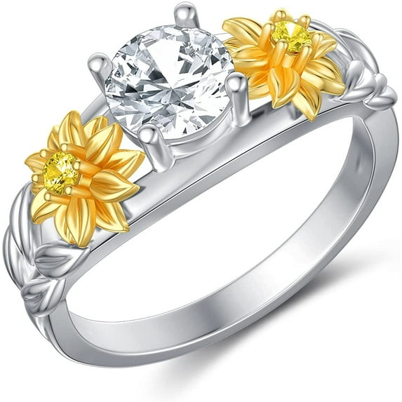 AOBOCO Christmas Gifts for Women Sunflower Ring Sterling Silver Sunflower Ring with Crystal Jewelry for Women