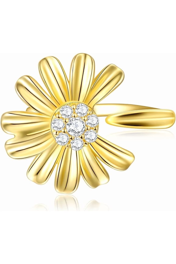 Gold Plating Sunflower Rings for Women Sterling Silver Flower CZ Ring Adjustable Open Rings You are May Sunshine Rings Jewelry Gifts for Girlfriend, Wife, Mom, Mother's Day