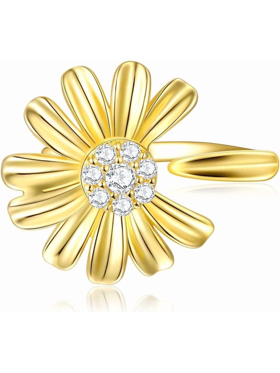 Gold Plating Sunflower Rings for Women Sterling Silver Flower CZ Ring Adjustable Open Rings You are May Sunshine Rings Jewelry Gifts for Girlfriend, Wife, Mom, Mother's Day