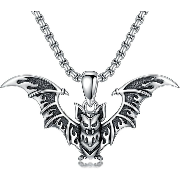 AOBOCO Gothic Bat Necklace for Men 925 Sterling Silver Bat Pendant Halloween Jewelry for Women Men, w/Stainless Steel Chain 22''+2''