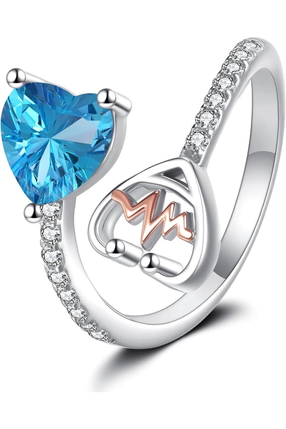 Heart Stethoscope Birthstone Ring for Women,925 Sterling Silver Adjustable Open Rings 12 Month Doctor Nurse Medical RN Registered Jewelry Gifts for Graduation Retirement Birthday