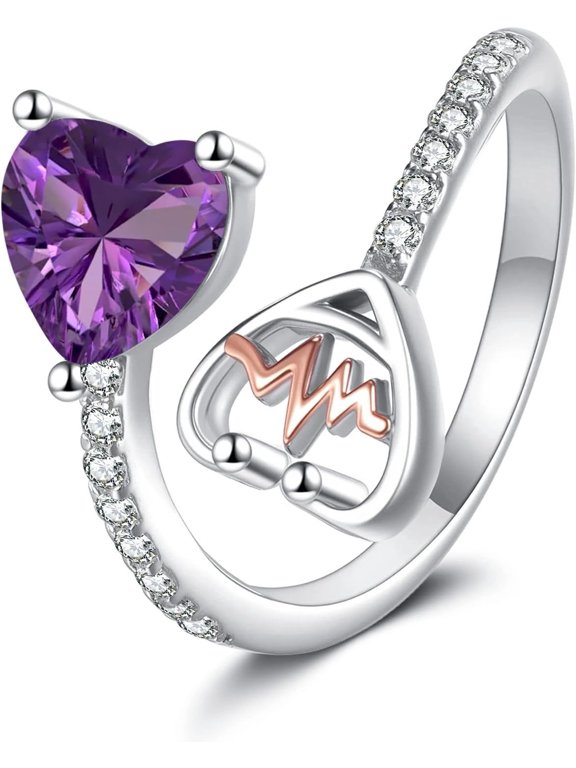 Heart Stethoscope Birthstone Ring for Women,925 Sterling Silver Adjustable Open Rings 12 Month Doctor Nurse Medical RN Registered Jewelry Gifts for Graduation Retirement Birthday