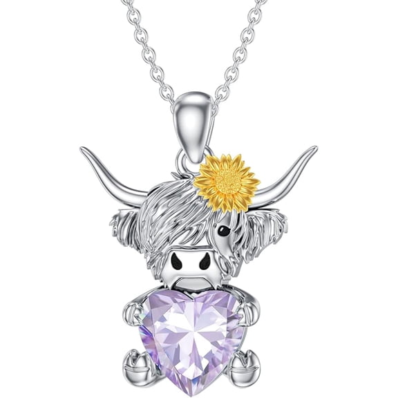 AOBOCO Highland Cow Pendant Necklace with Heart Birthstone Cow Necklace Gift for Women