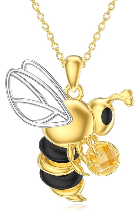 Honey Bee Pendant Necklace for Women 14K Gold Plated 925 Sterling Silver Bee Necklaces with Citrine CZ Jewelllery Mother’s Day Gifts for Mom Her Wife