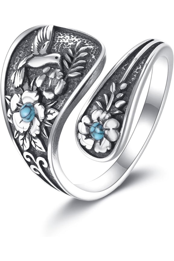 Hummingbird/Dragonfly Turquoise Ring 925 Sterling Silver Floral Spoon Rings Vintage Thumb Band Oxidized Wrap Adjustable Bands Jewelry Gifts for Women Wife Mother Christmas Birthday