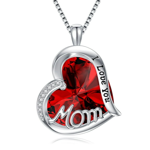 AOBOCO Christmas Gifts I Love You Mom Love Heart Necklace, 925 Sterling Silver Garnet Necklace Jewelry Gifts for Mom