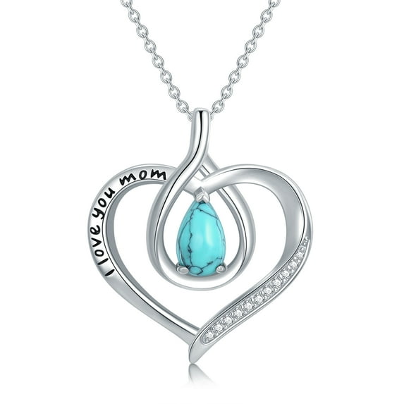 AOBOCO I Love You Mom Necklace Sterling Silver Heart Pendant Necklace with Natural Turquoise Birthday Christmas Jewelry Gifts for Women Mom Mama Nana