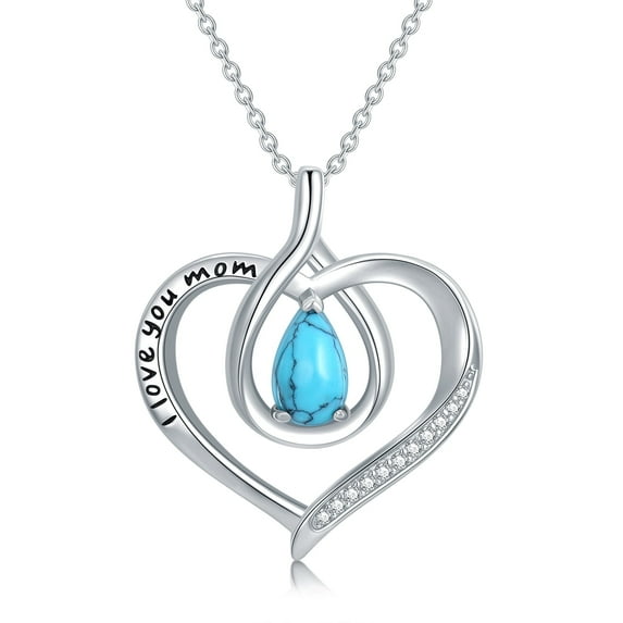 AOBOCO I Love You Mom Necklace Sterling Silver Heart Pendant Necklace with Natural Turquoise Birthday Christmas Jewelry Gifts for Women Mom Mama Nana