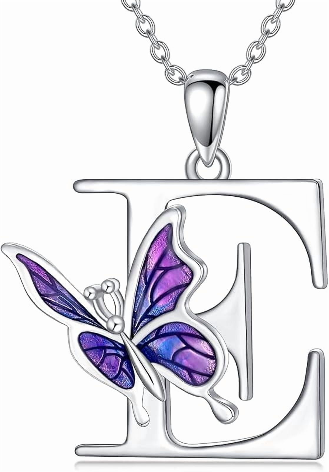 AOBOCO Initial Necklace for Women 925 Sterling Silver Purple Butterfly with A-Z 26 Letters Pendant Necklace for Graduation Gifts
