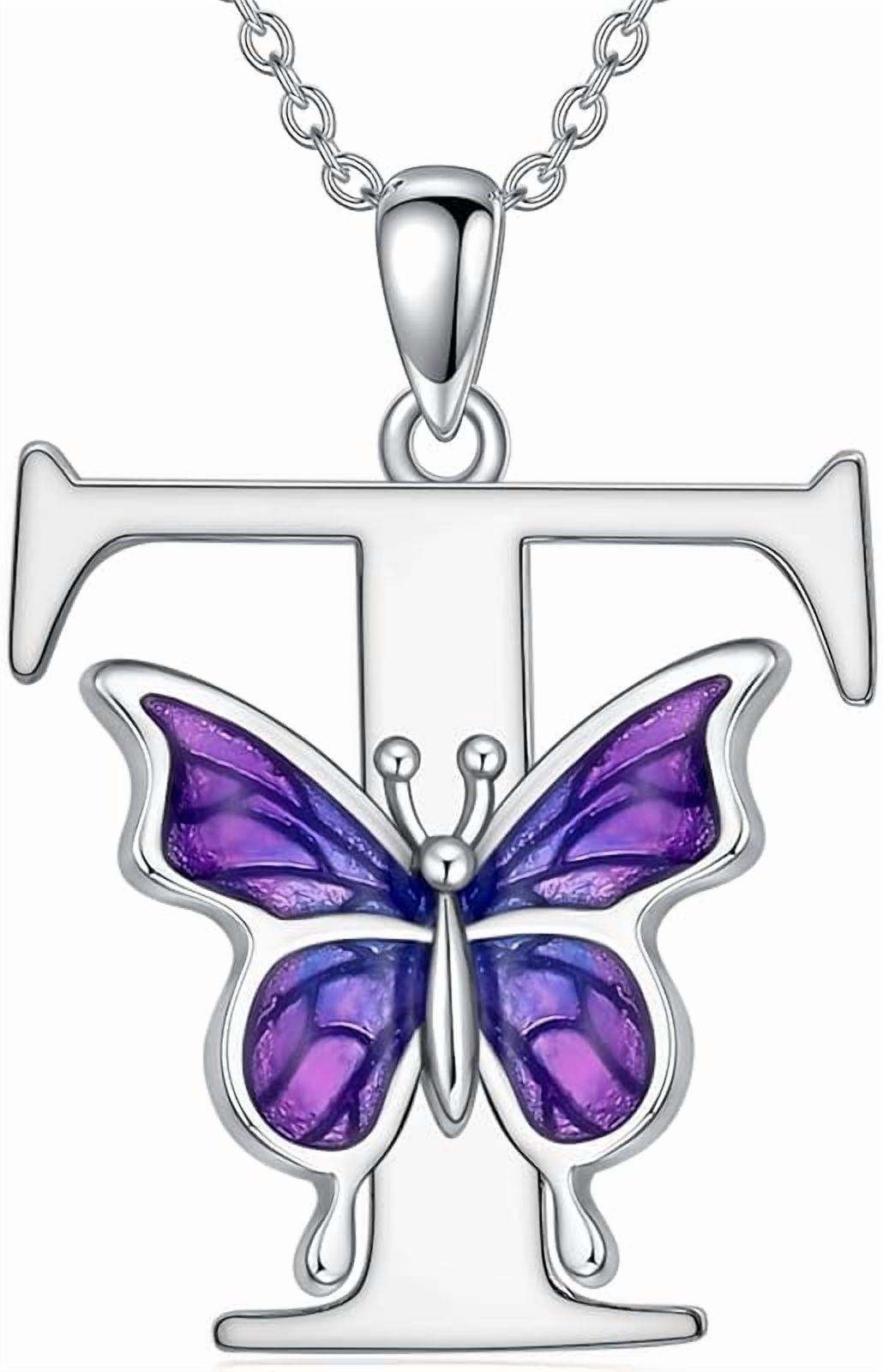 AOBOCO Initial Necklace for Women 925 Sterling Silver Purple Butterfly with A-Z 26 Letters Pendant Necklace for Graduation Gifts
