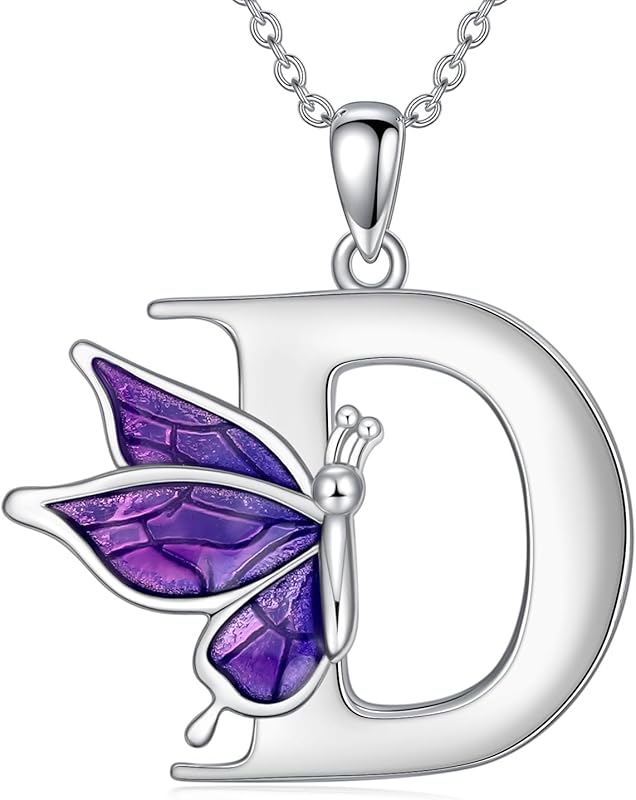 AOBOCO Initial Necklace for Women 925 Sterling Silver Purple Butterfly with A-Z 26 Letters Pendant Necklace for Graduation Gifts