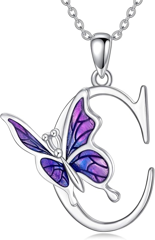 AOBOCO Initial Necklace for Women 925 Sterling Silver Purple Butterfly with A-Z 26 Letters Pendant Necklace for Graduation Gifts
