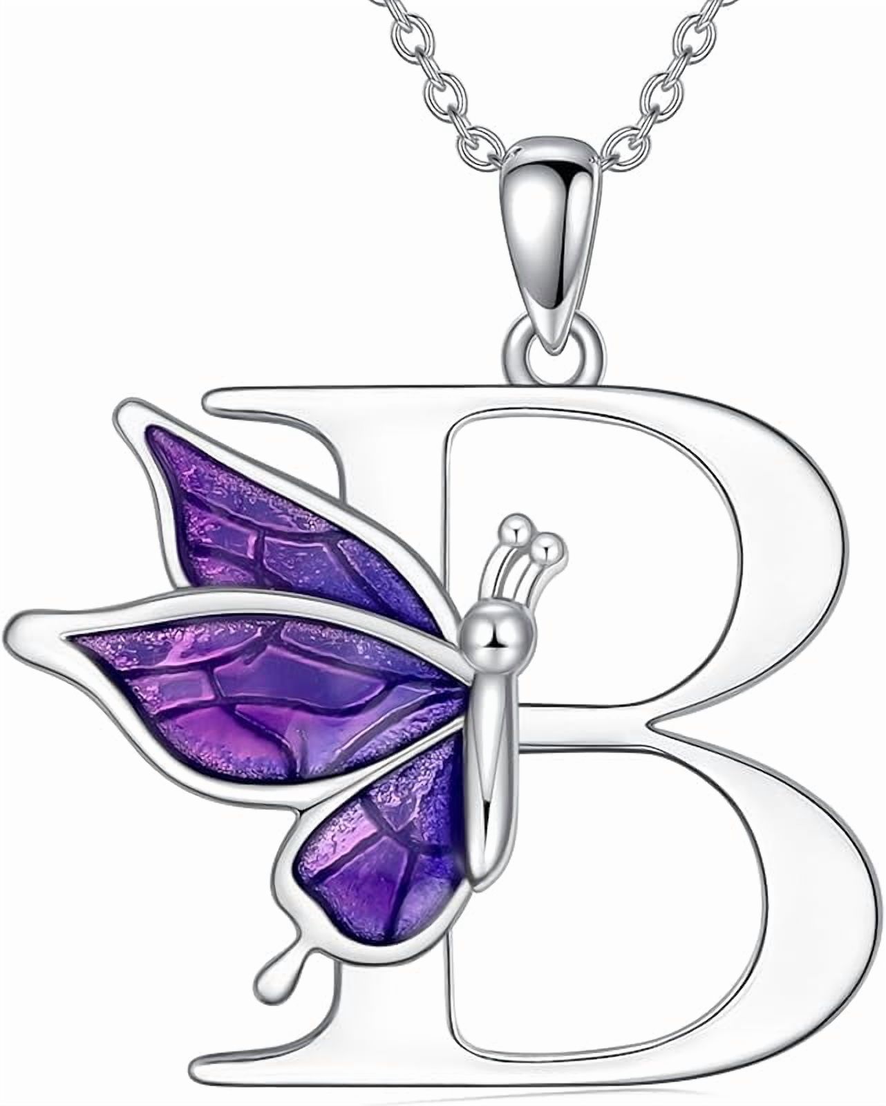 AOBOCO Initial Necklace for Women 925 Sterling Silver Purple Butterfly with A-Z 26 Letters Pendant Necklace for Graduation Gifts