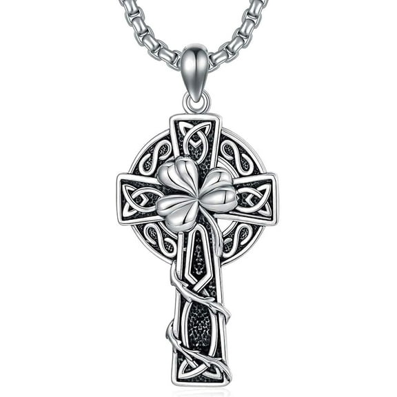 AOBOCO Irish Cross Necklace for Men Sterling Silver Celtic Knot Cross Pendant with 22”+2” Stainless Steel Chain Shamrock Tree fo Life Gift for Men Women