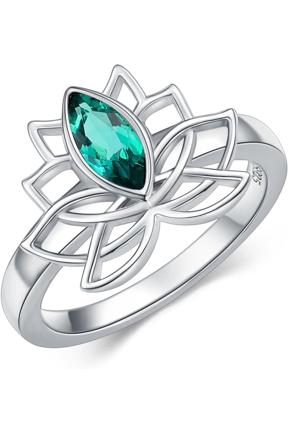 Jade Lotus 925 Sterling Silver Ring 4mmX8mm Emerald Lotus Engagement Ring for Women