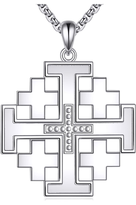 Jerusalem Cross necklace 925 Sterling Silver Jerusalem Cross Pendant Christian Jewelry for Men, w/Stainless Steel Chain 22+2