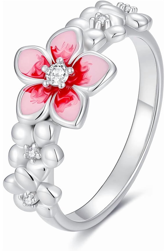 Lab Grown Diamond Cherry Blossoms Rings for Women,925 Sterling Silver Flower Stacking Statement Band Jewelry Gifts for Graduation Birthday