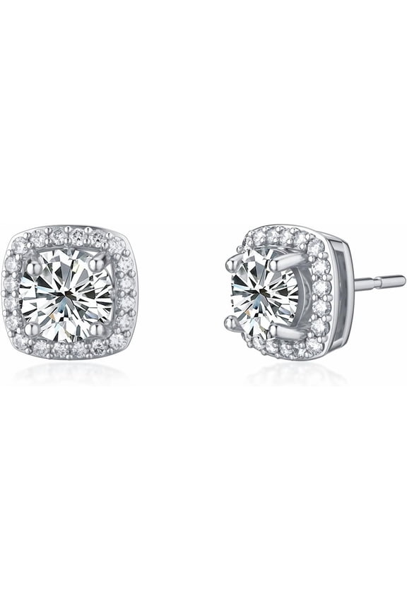 Moissanite Earrings 2 Carat D Color Bright Round Cut Halo Moissanite Simulated Diamond Stud Earrings 18K Silver Plated